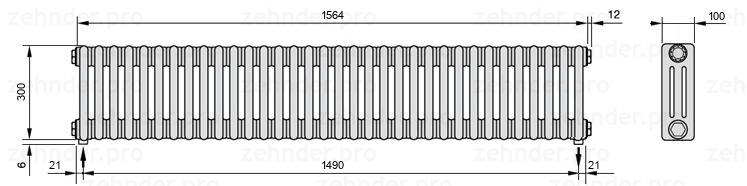 Схема (чертеж) Радиатор Zehnder Charleston 3030/34 №3570 Белый глянцевый RAL 9016